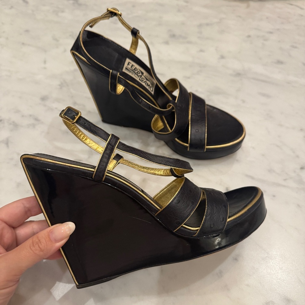 Salvatore Ferragamo Black Leather Wedges Ostrich Print Gold Trim Strappy Sandals